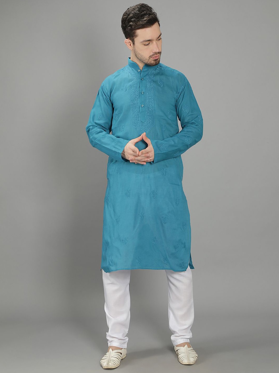 

Seva Chikan Mandarin Collar Ethnic Motifs Chikankari Cotton Kurta, Blue