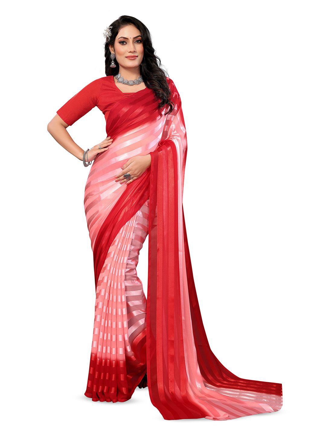 

Moda Rapido Striped Printed Satin Saree With Unstitched Blouse Piece, Red