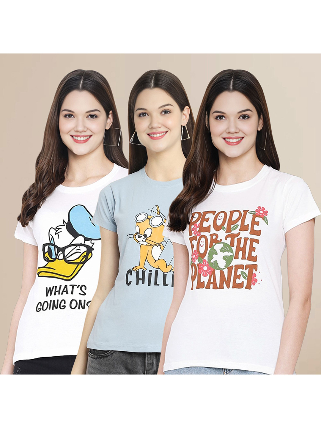 

Metronaut Women Pack Of 3 Typography Printed Round Neck Cotton Donald Duck T-shirts, White
