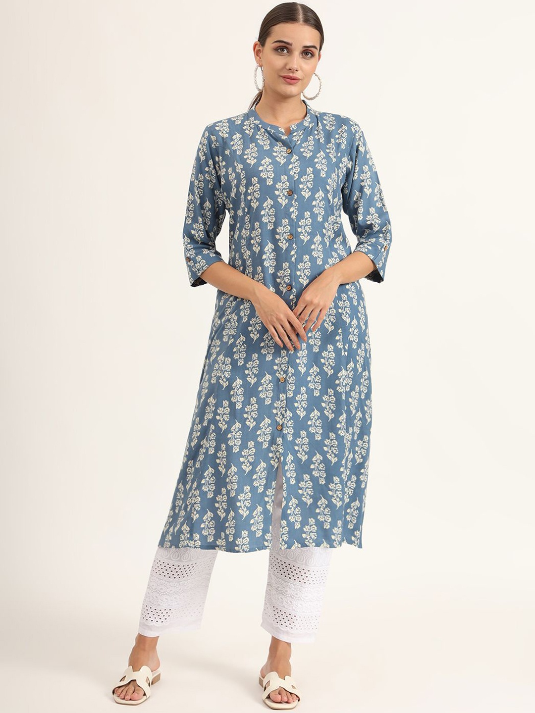 

KALINI Mandarin Collar Floral Printed Straight Kurta, Blue