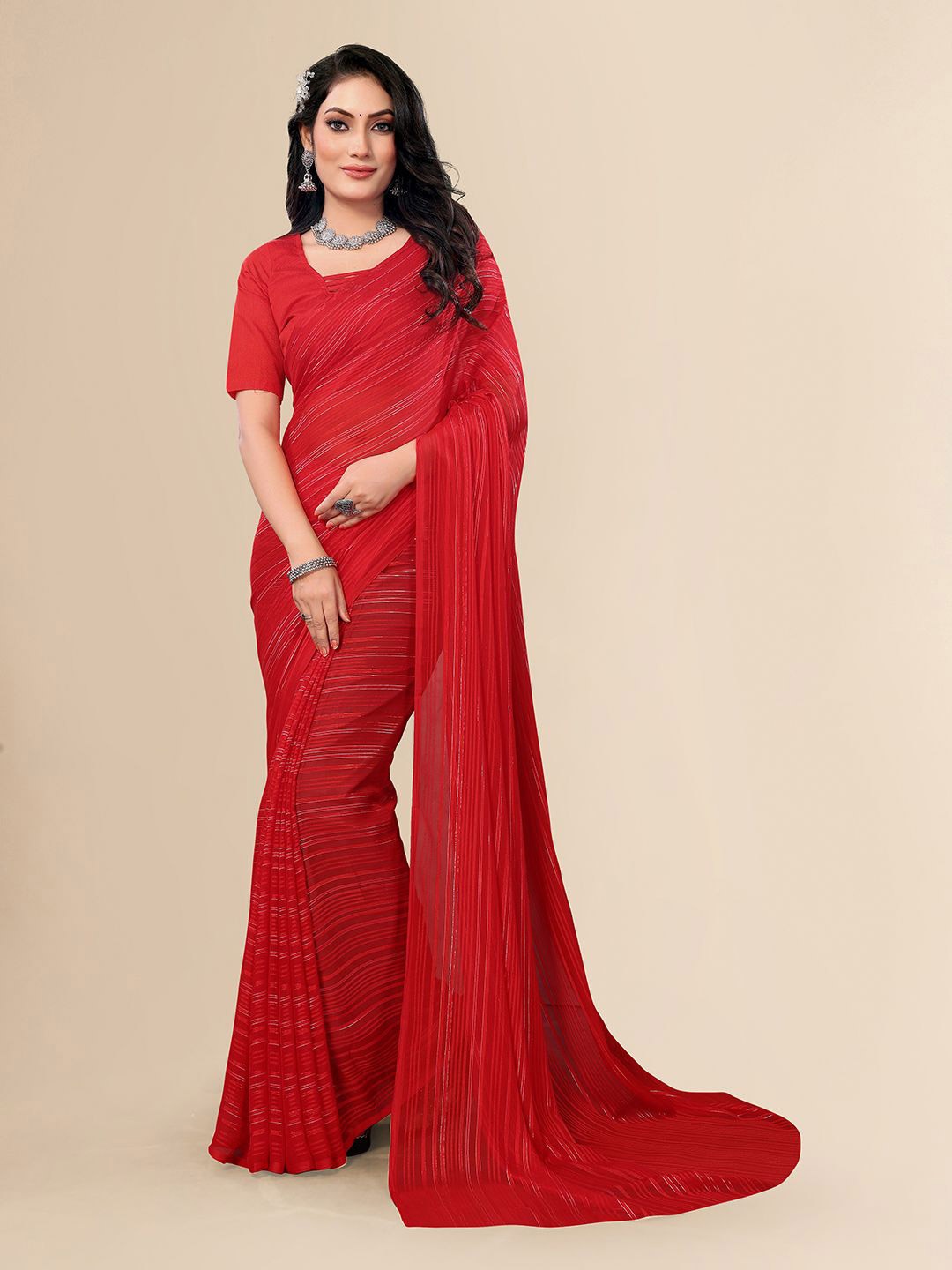 

Moda Rapido Striped Printed Satin Saree With Unstitched Blouse Piece, Red