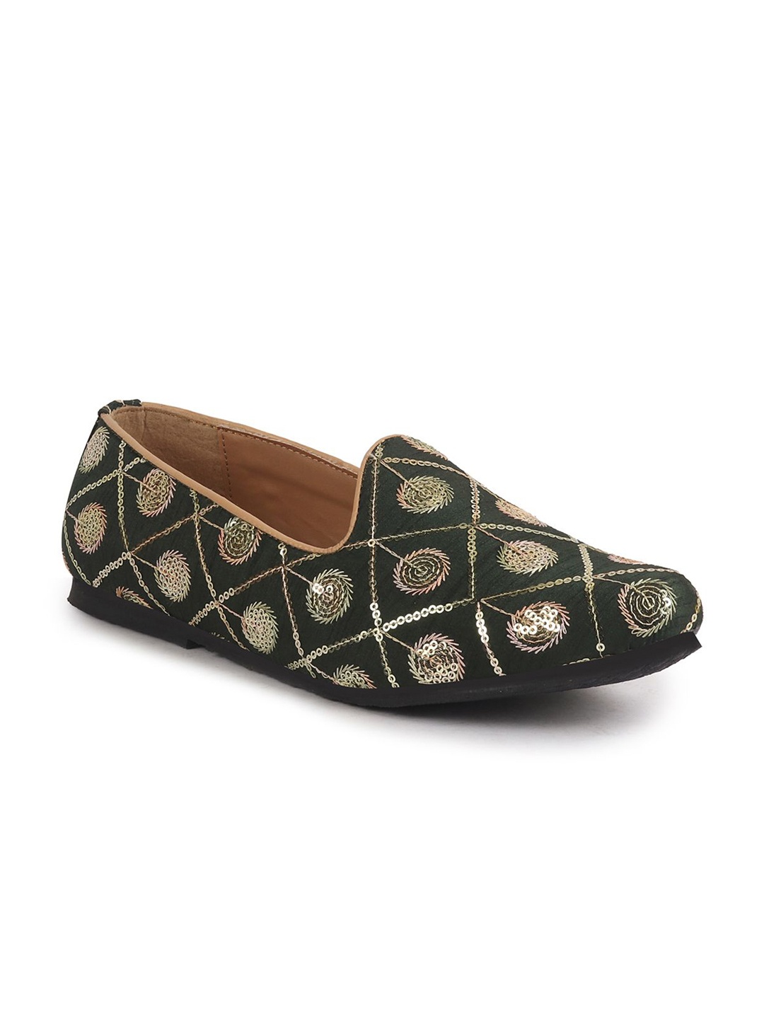 

FAUSTO Men Slip-On Ethnic - Embellished Lightweight Mojaris, Green