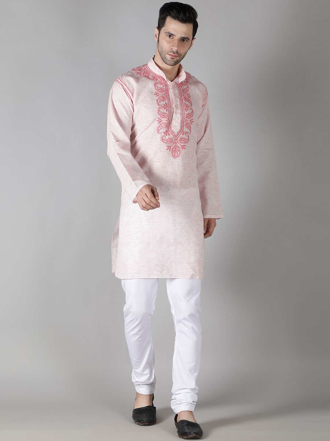 

Seva Chikan Mandarin Collar Ethnic Motifs Yoke Design Chikankari Cotton Kurta, Pink