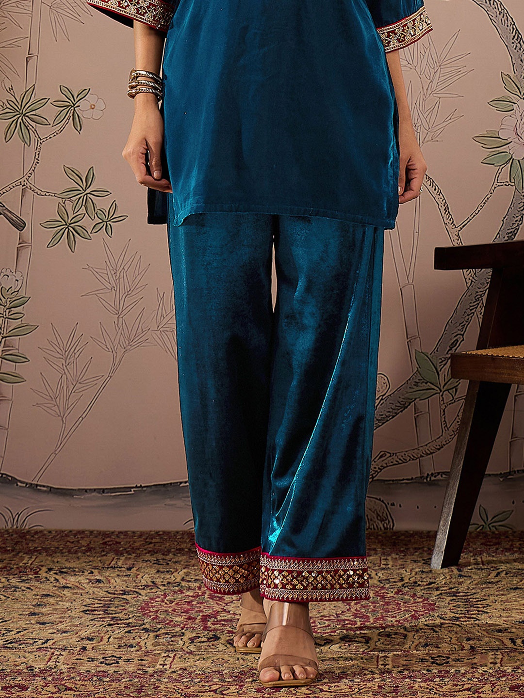 

Shae by SASSAFRAS Women Embroidered Straight Fit Trousers, Teal
