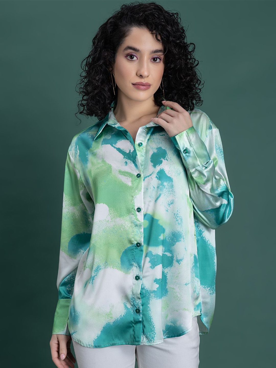 

Lounge Dreams Women Standard Spread Collar Abstract Printed Satin Casual Shirt, Green