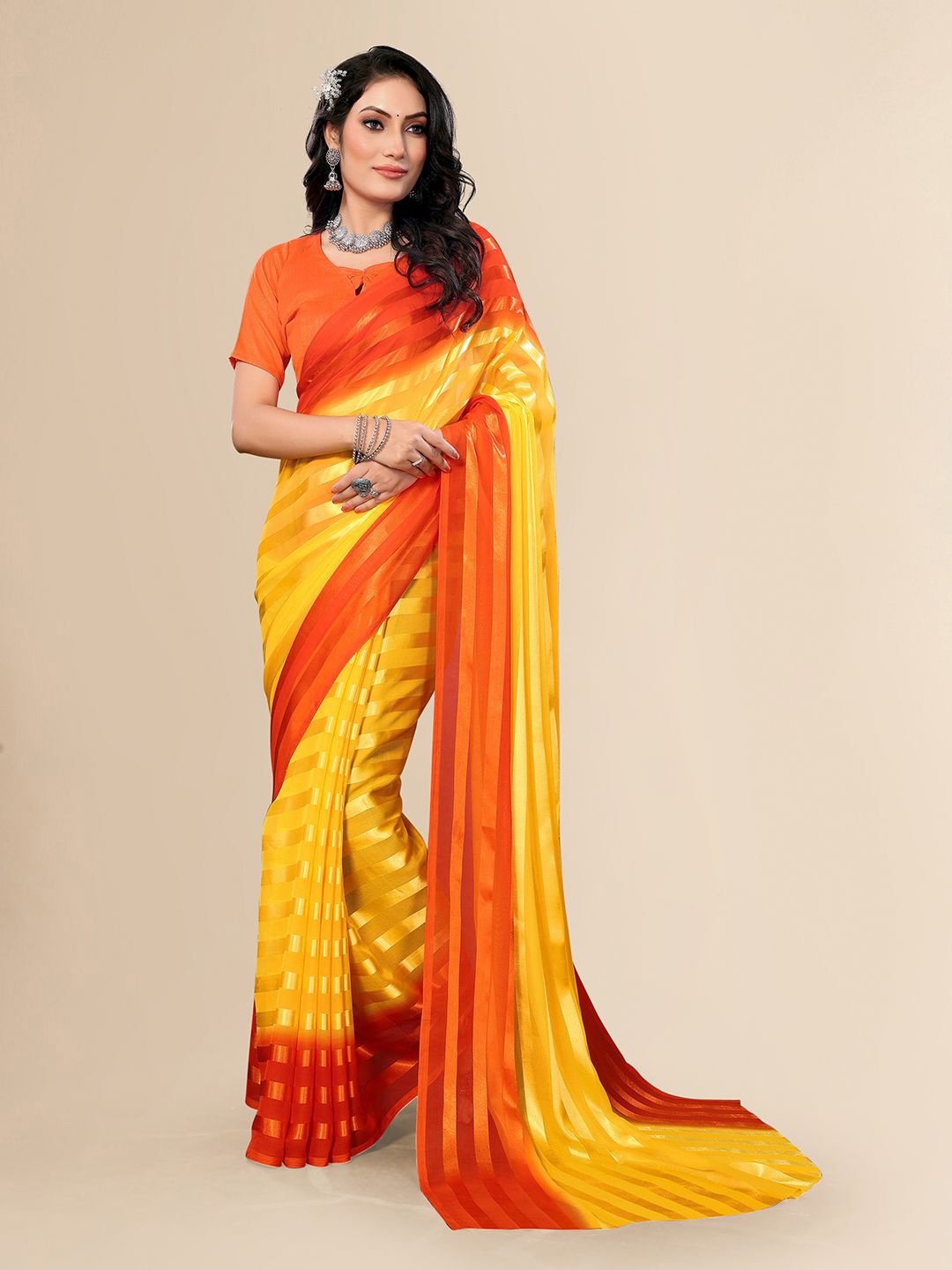 

Moda Rapido Striped Saree With Unstitched Blouse Piece, Yellow