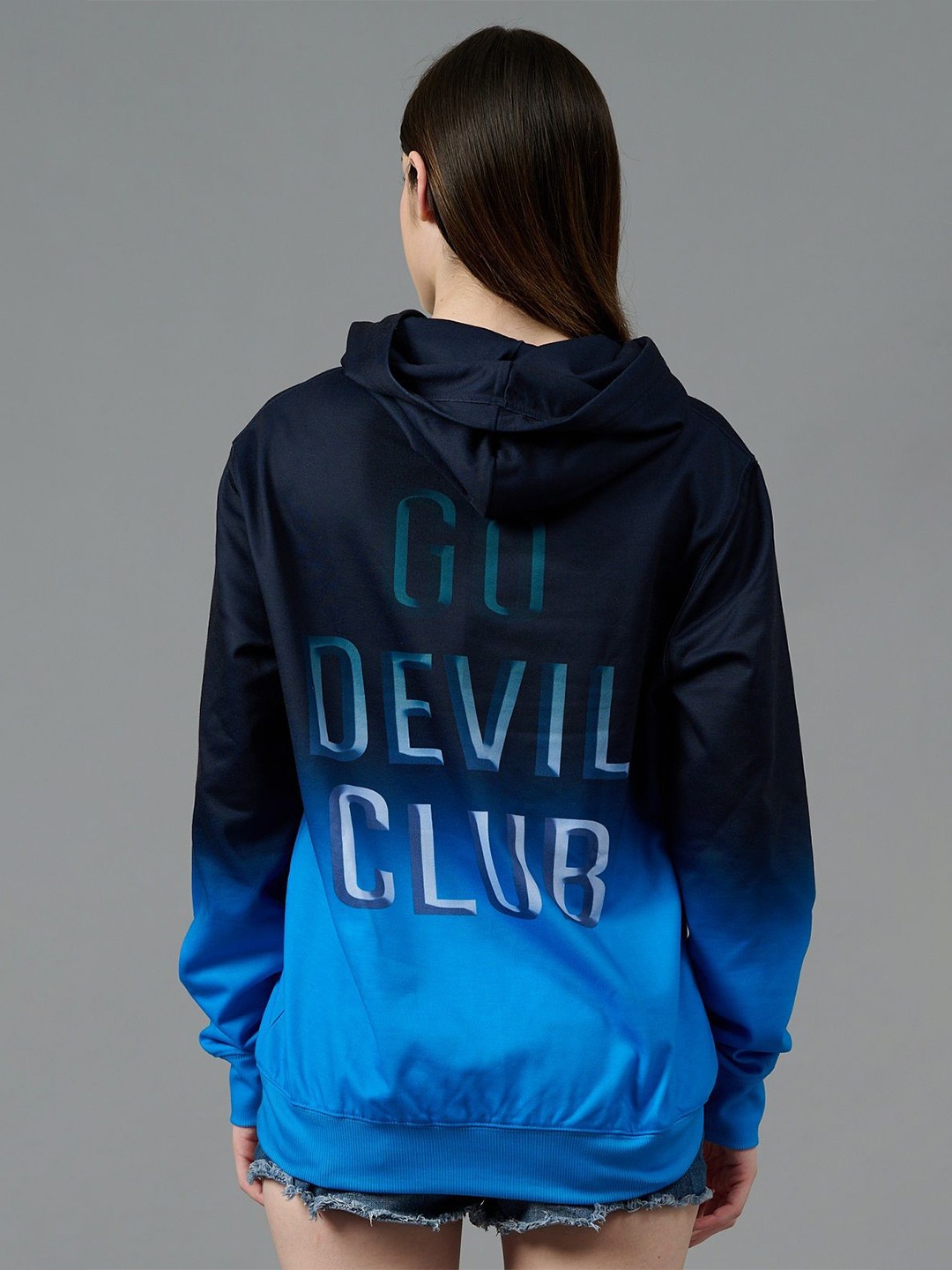 

GO DEVIL Women Typography Printed Hooded Woolen Winter Sweatshirt, Blue