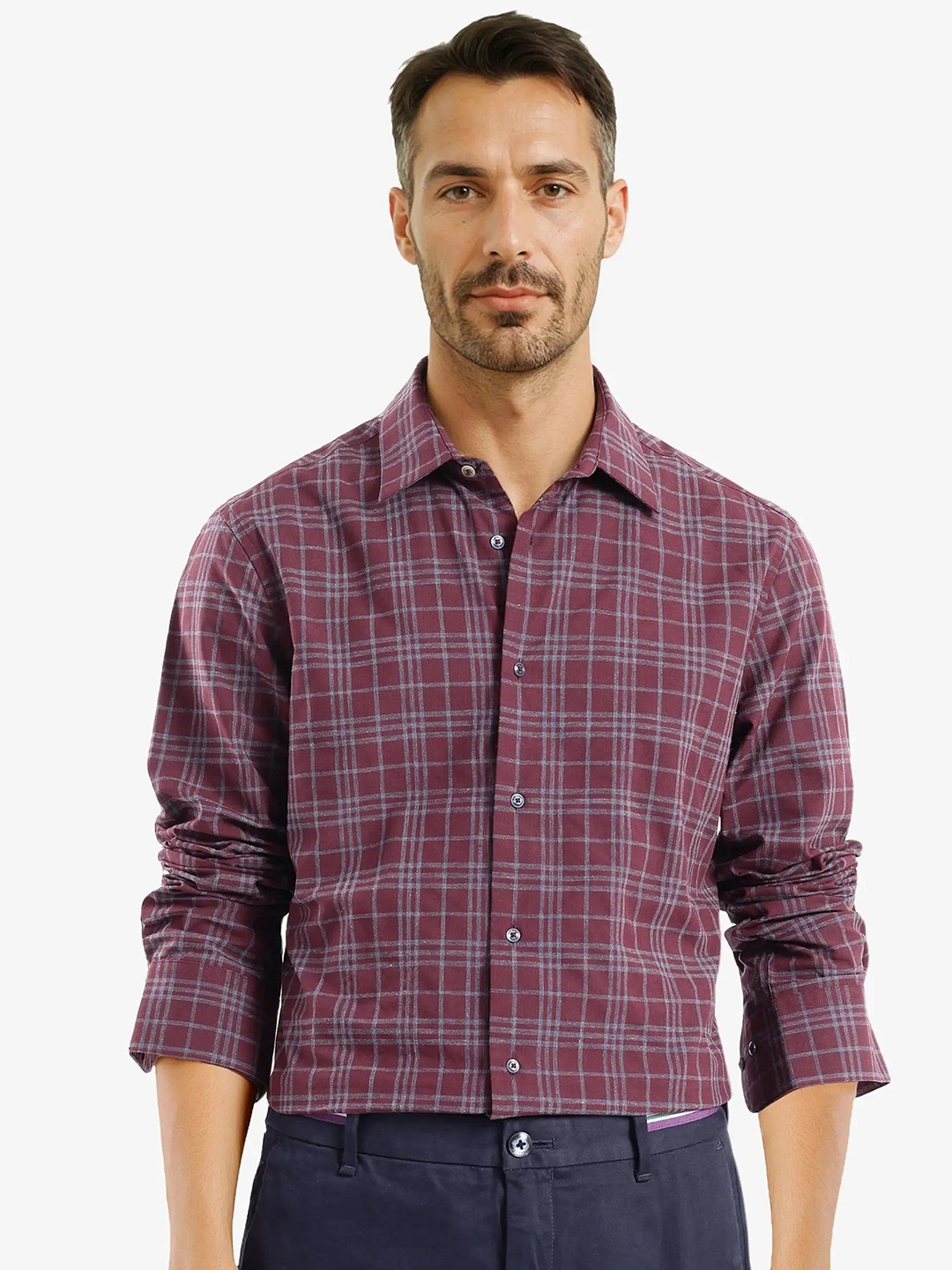 

RARE RABBIT Men Comfort Spread Collar Tartan Checked Cotton Casual Shirt, Maroon
