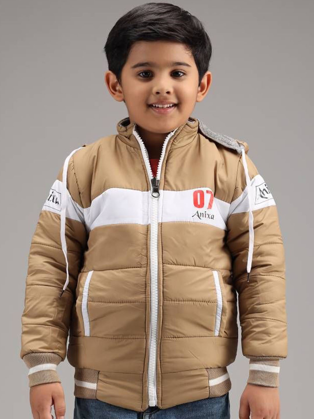 

Anixa Boys Hooded Colourblocked Casual Padded Jacket, Brown