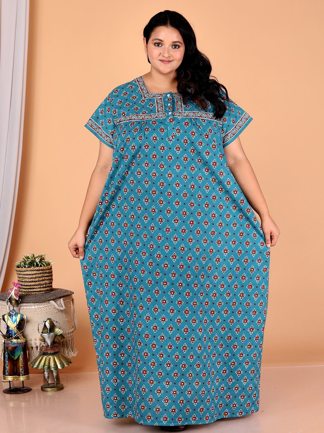 

SP DESIGNS Women Printed Pure Cotton Maxi Nightdress, Green