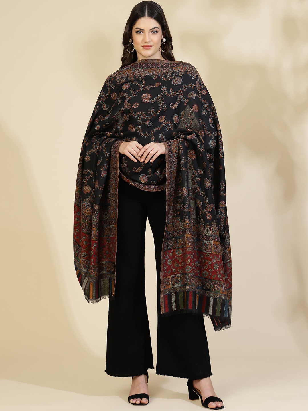 

Zamour Floral Jaal Kani Weave Woven Design Tasselled Woollen Shawl, Black