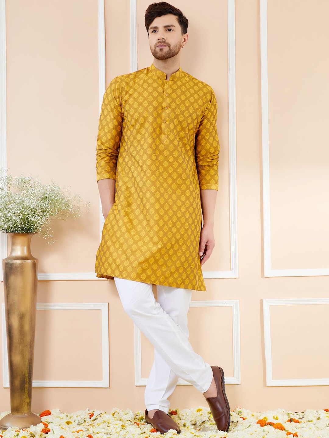 

See Designs Ethnic Motifs Woven Design Long Sleeves Straight Kurta & Pyjama, Mustard