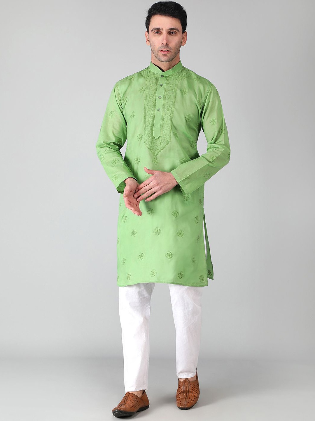 

Seva Chikan Mandarin Collar Ethnic Motifs Chikankari Cotton Kurta, Green