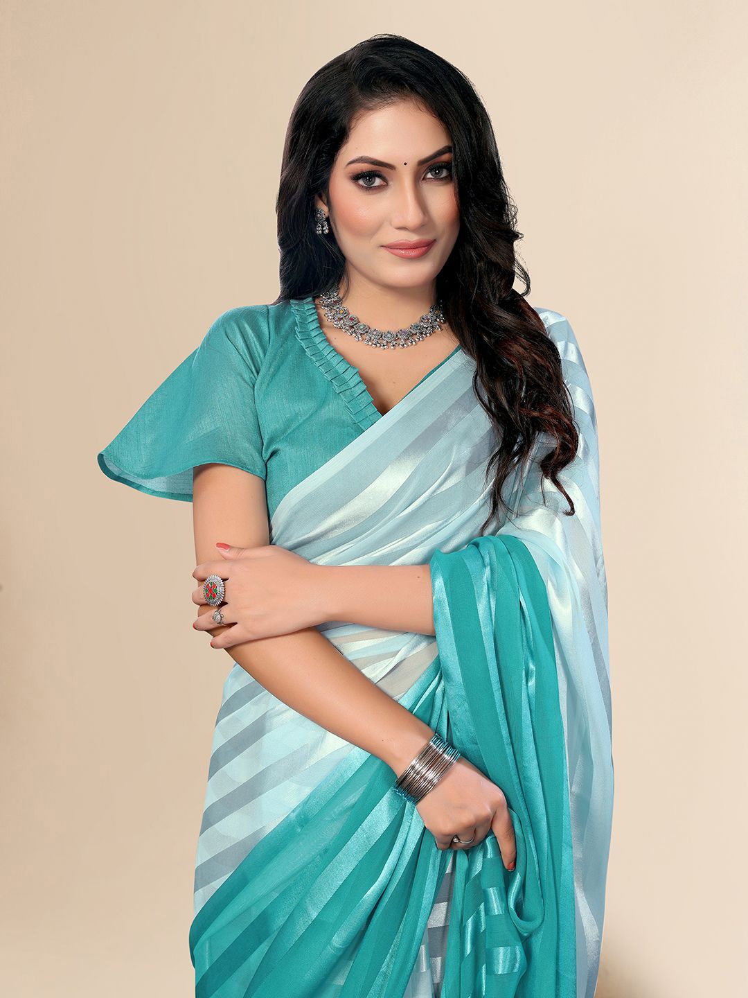 

Moda Rapido Striped Satin Saree With Blouse Piece, Blue