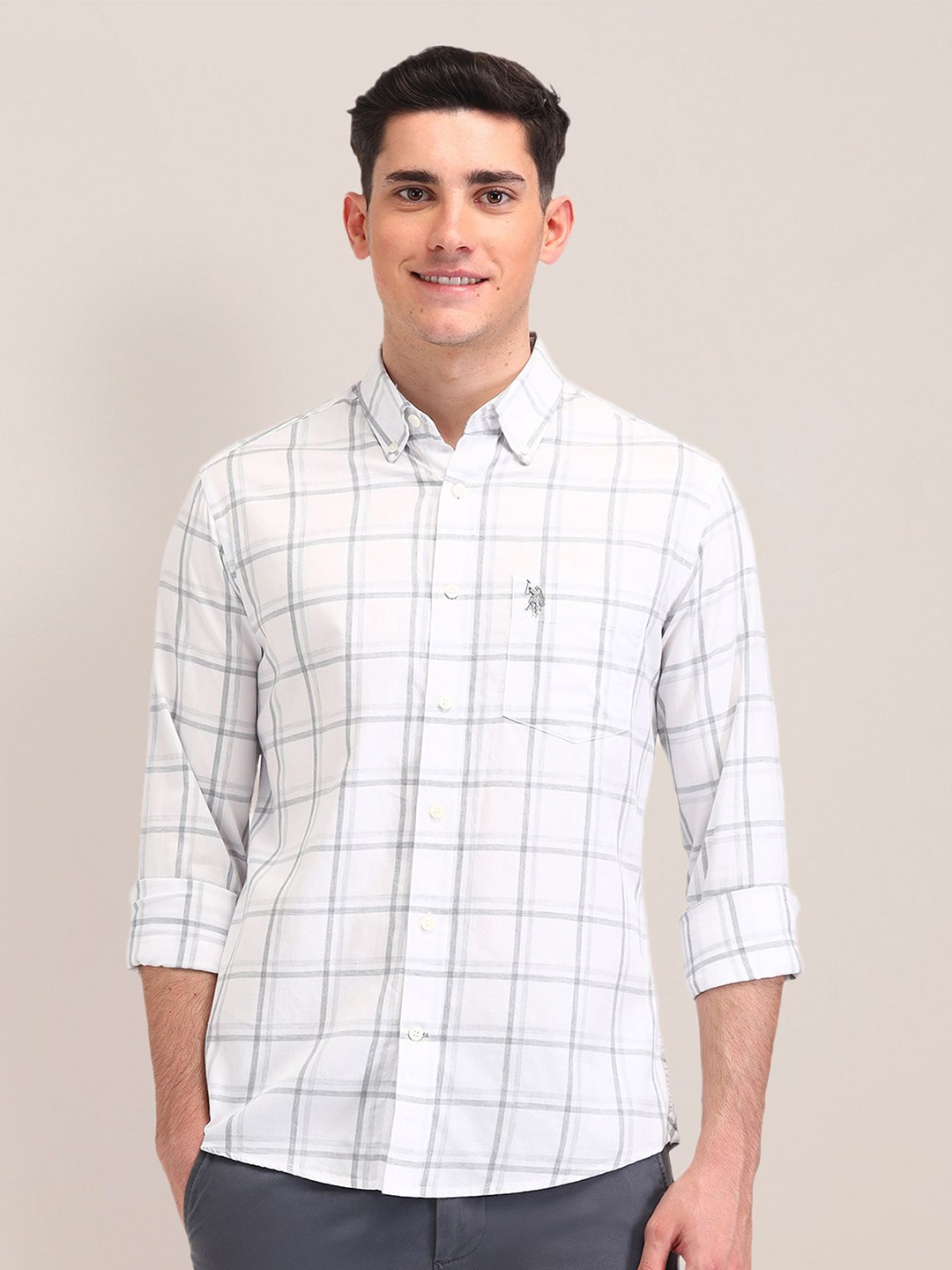 

U.S. Polo Assn. Men Classic Tailored Fit Opaque Checked Casual Shirt, White