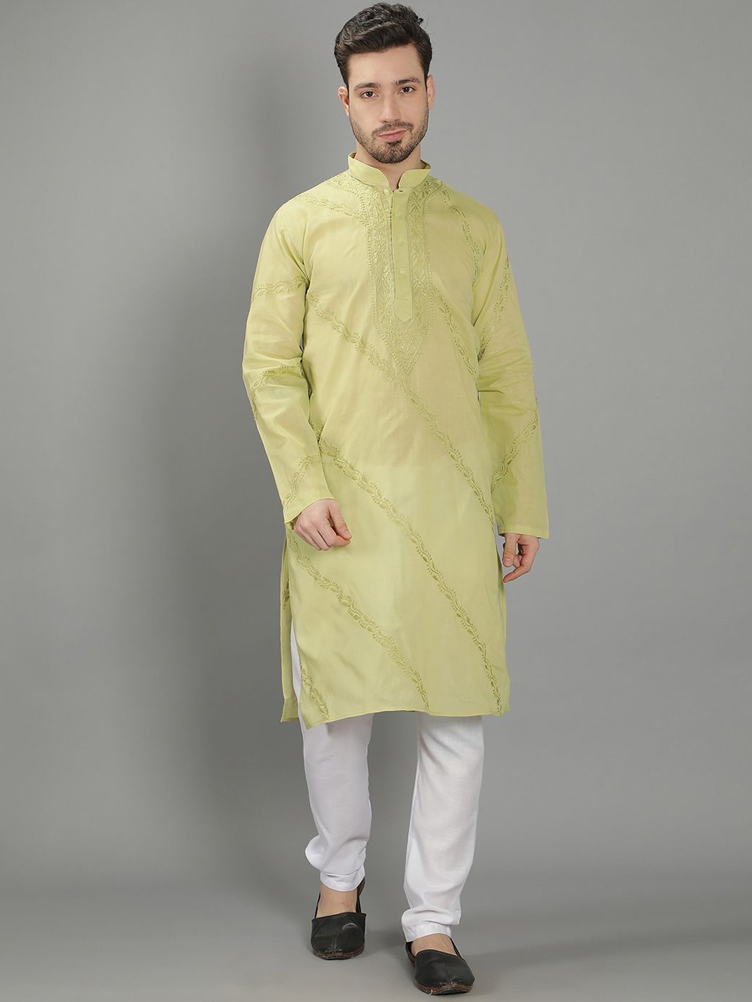 

Seva Chikan Floral Embroidered Mandarin Collar Long Sleeves Pure Cotton Straight Kurta, Green