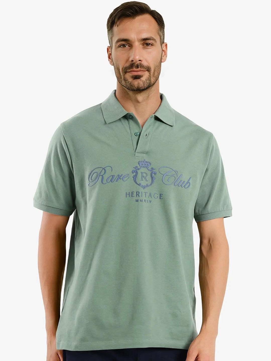 

RARE RABBIT Men Typography Printed Polo Collar Cotton T-shirt, Green