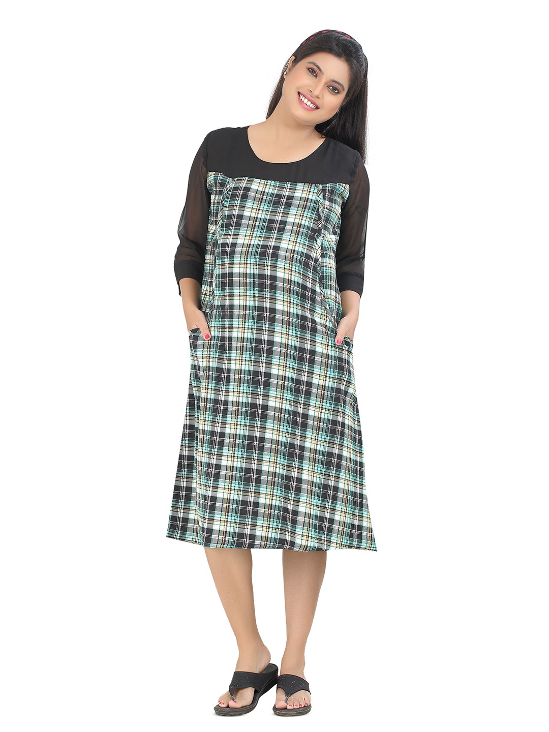 

Uzazi Women Checked Maternity A-Line Midi Dress, Green