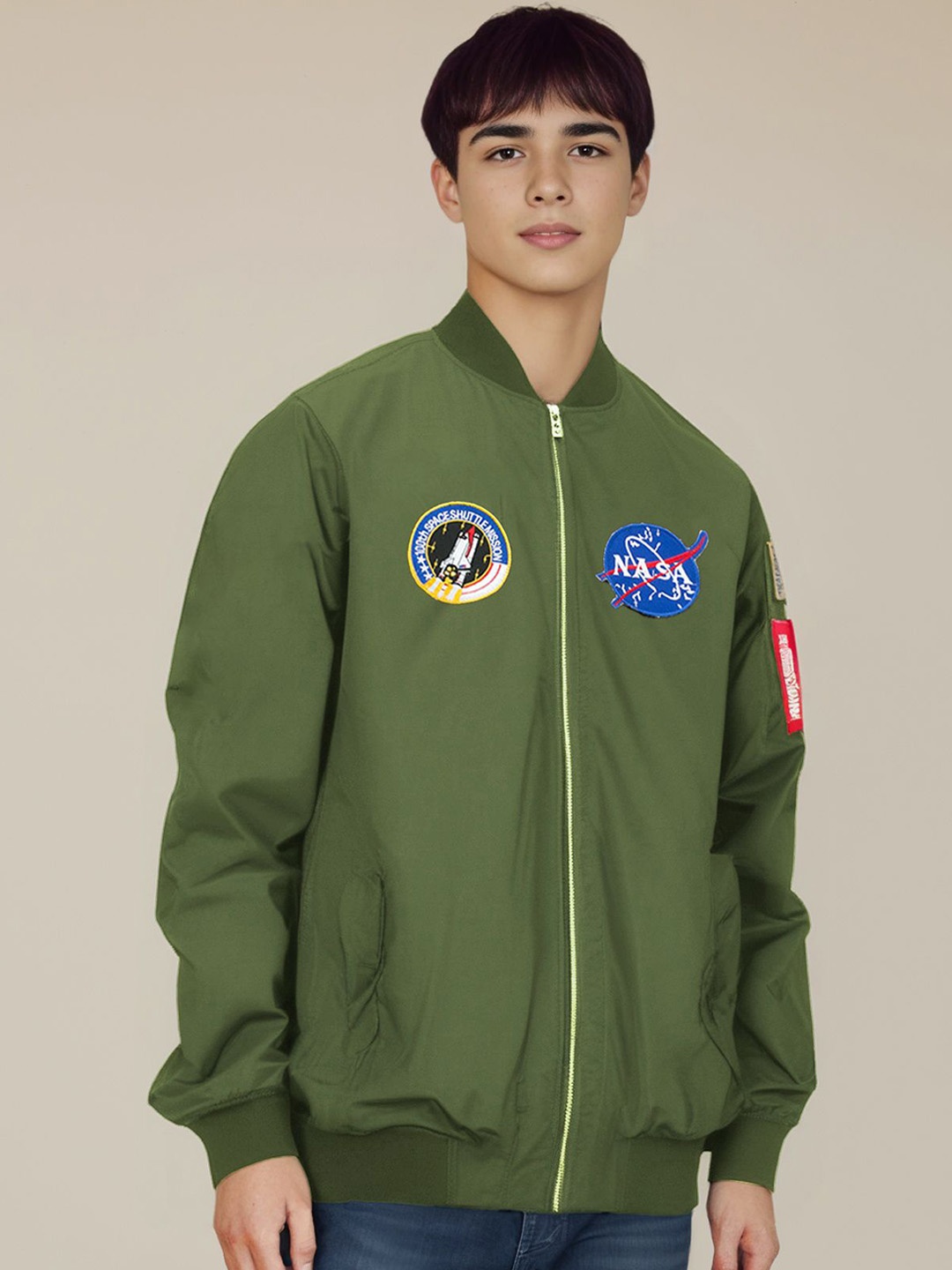 

StyleCast x Revolte Men Stand Collar NASA Graphic Patchwork Casual Bomber Jacket, Green