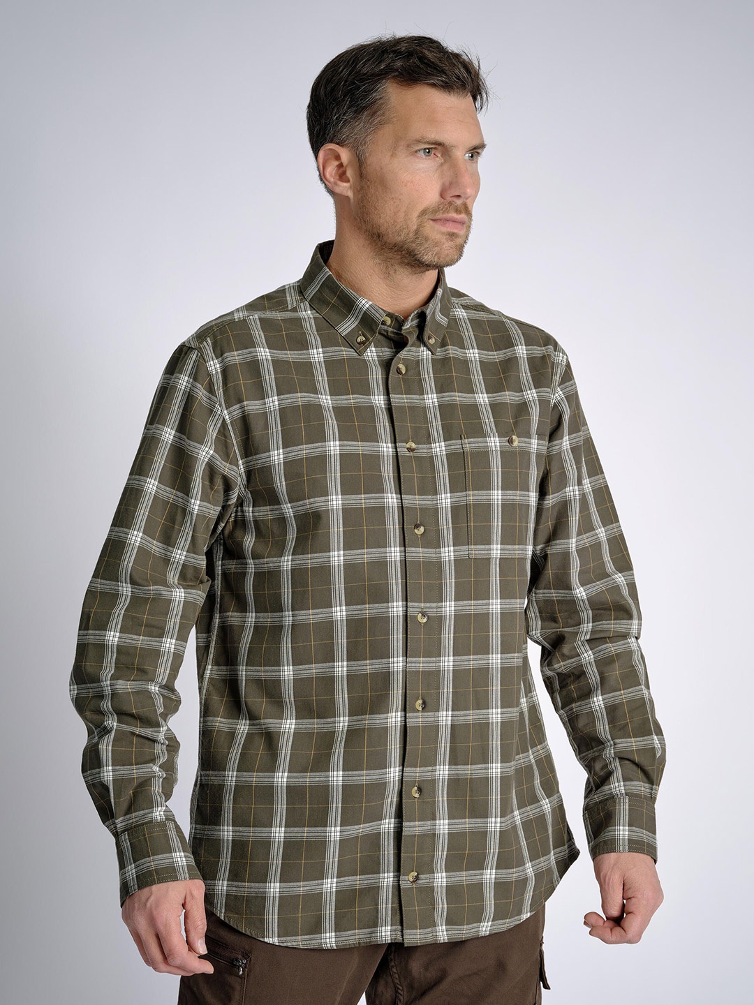 

SOLOGNAC By Decathlon Men Classic Button-Down Collar Tartan Checked Cotton Casual Shirt, Green