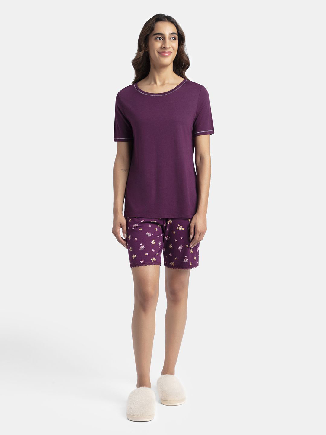 

Jockey Micro Modal Cotton Short Sleeve T-Shirt and Printed Shorts Set - RX80, Purple