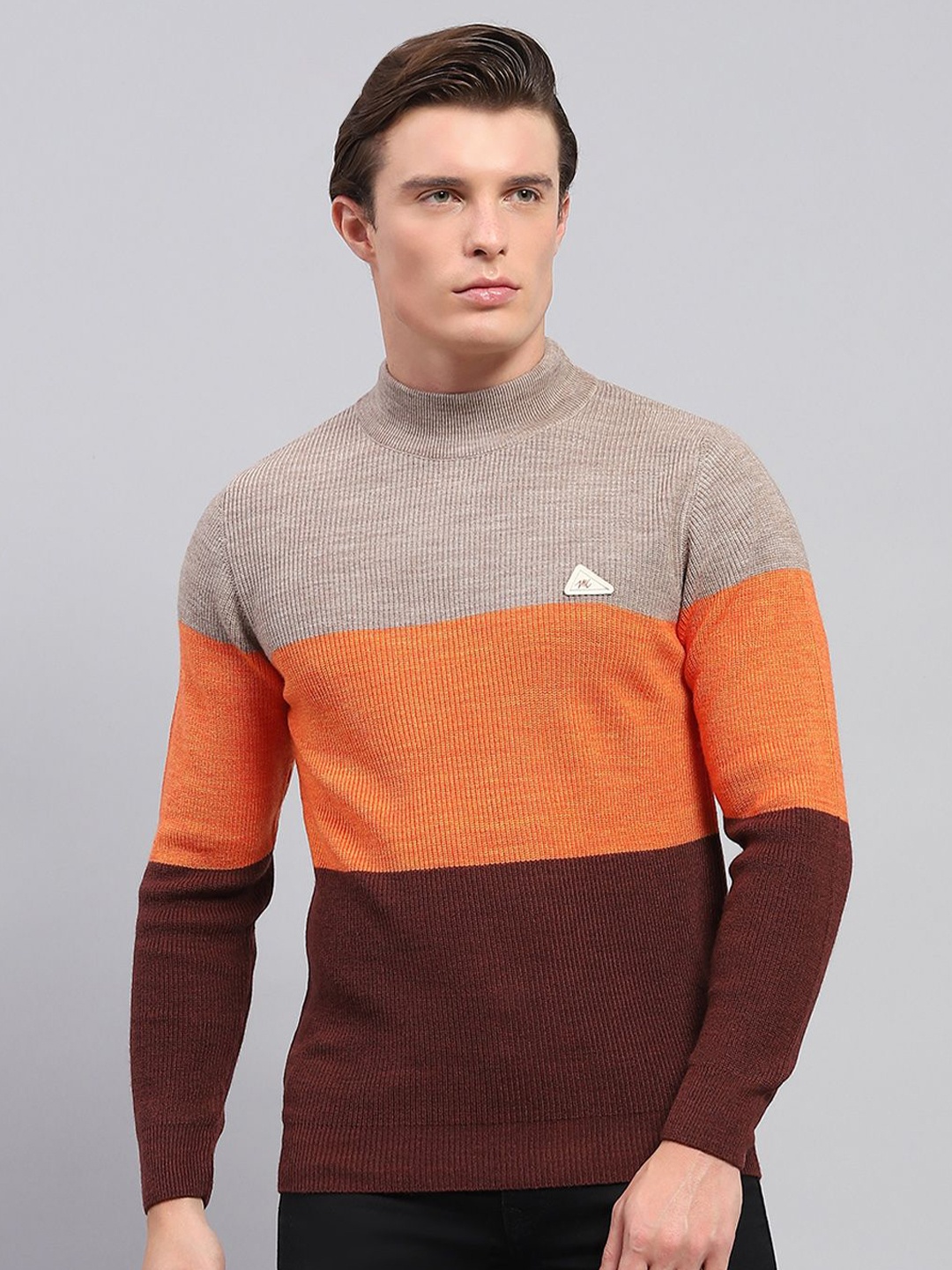 

Monte Carlo Men Colourblocked Woollen Mock Neck Long Sleeve Pullover, Beige