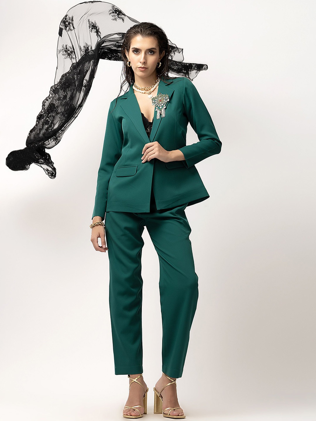 

Diwaah Embroidered Notched Lapel Collar Blazer With Trouser, Green