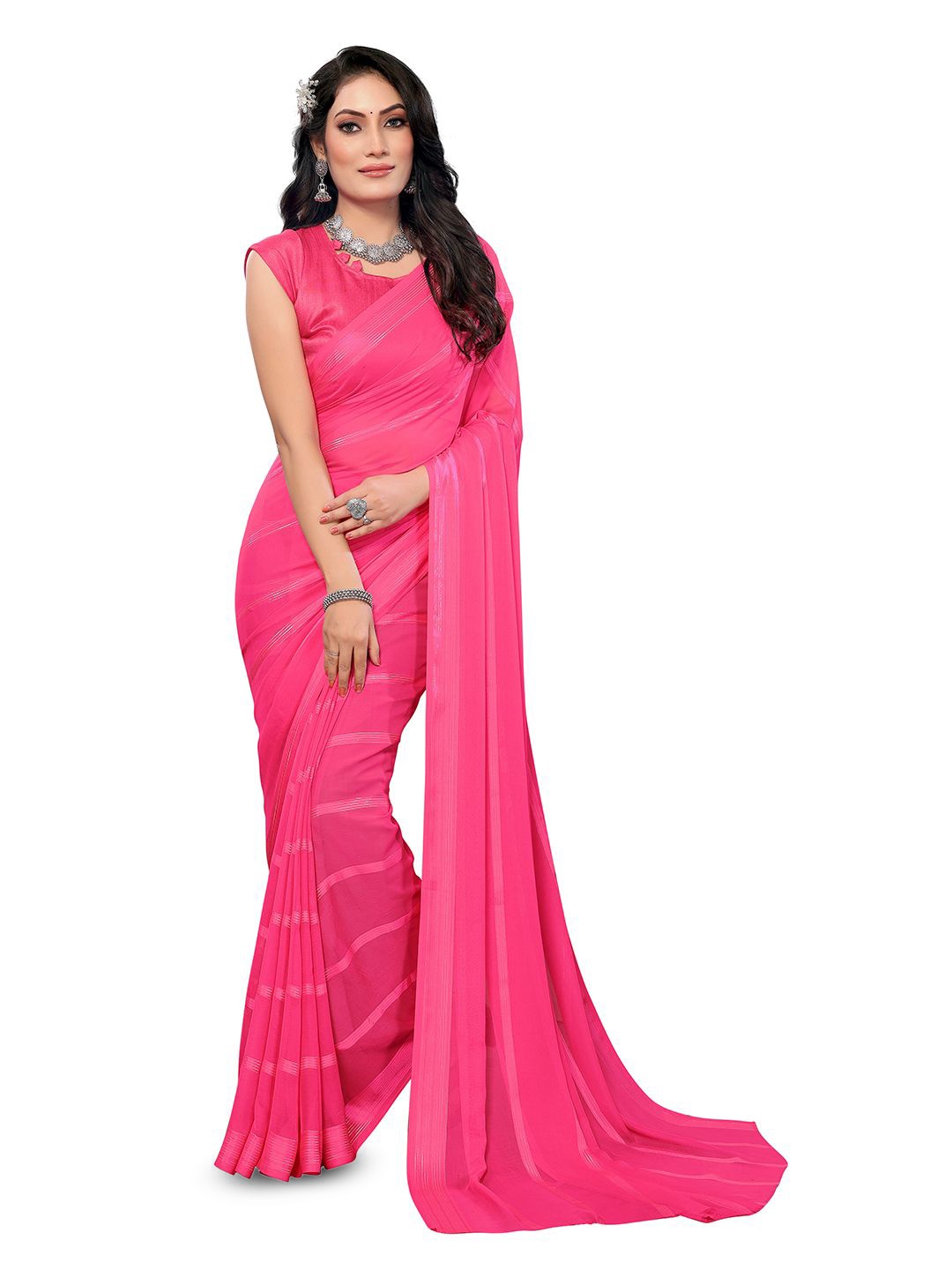 

Moda Rapido Women Striped Satin Saree, Pink