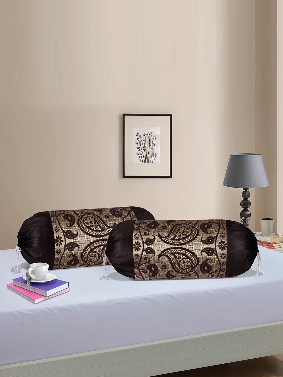 

Kuber Industries Brown 2 Pieces Printed Cylindrical Bolster Covers With Dori, Gold