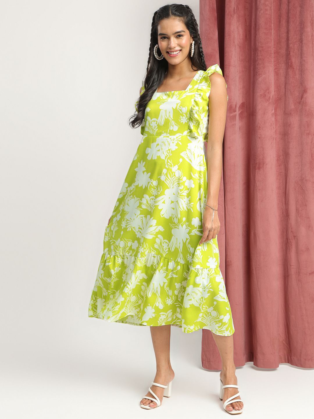 

J Turritopsis Women Floral Printed Crepe Fit & Flare Midi Dress, Lime green