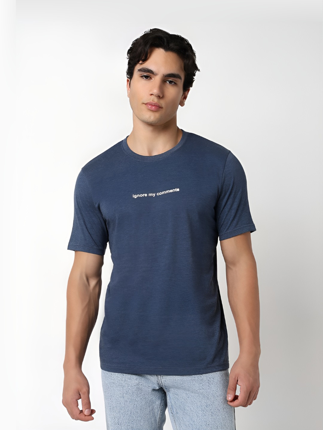 

R&B Men Typography Printed Round Neck Cotton T-shirt, Blue