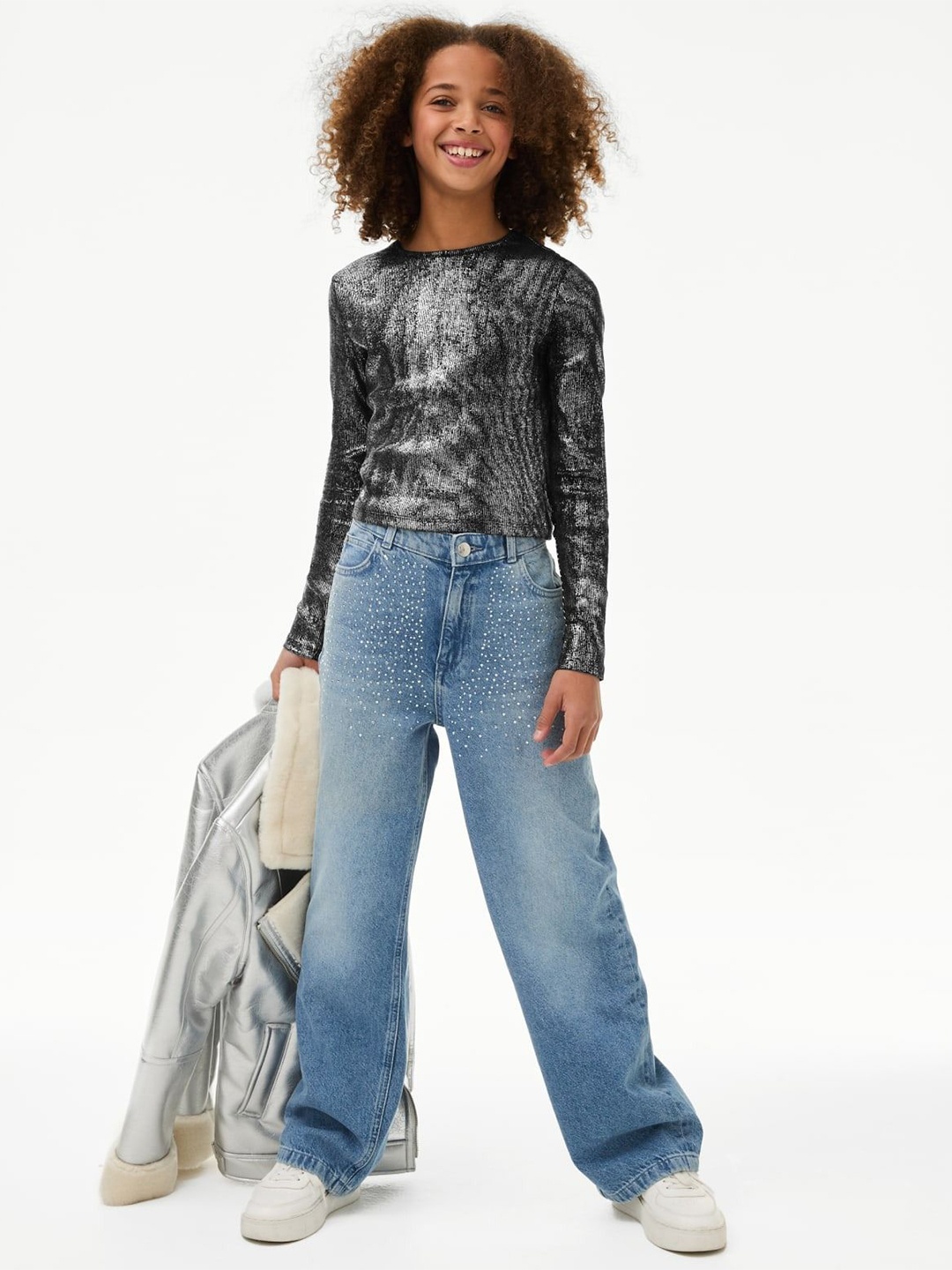 

Marks & Spencer Girls Round Neck Self Design Top, Black