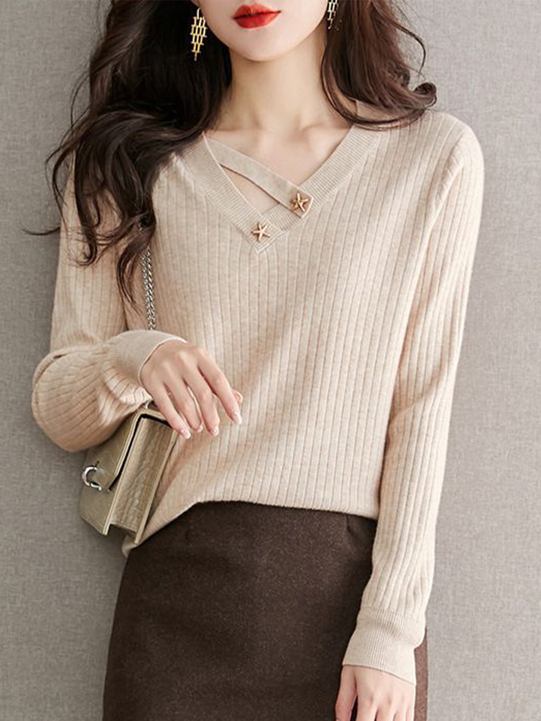 

StyleCast Women Striped Winter Pullover with Embellished Detail, Cream