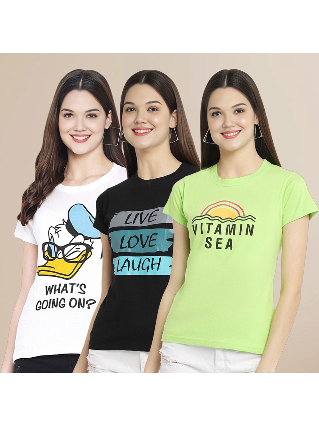 

Metronaut Women Pack Of 3 Typography Printed Round Neck Cotton Donald Duck T-shirts, Green