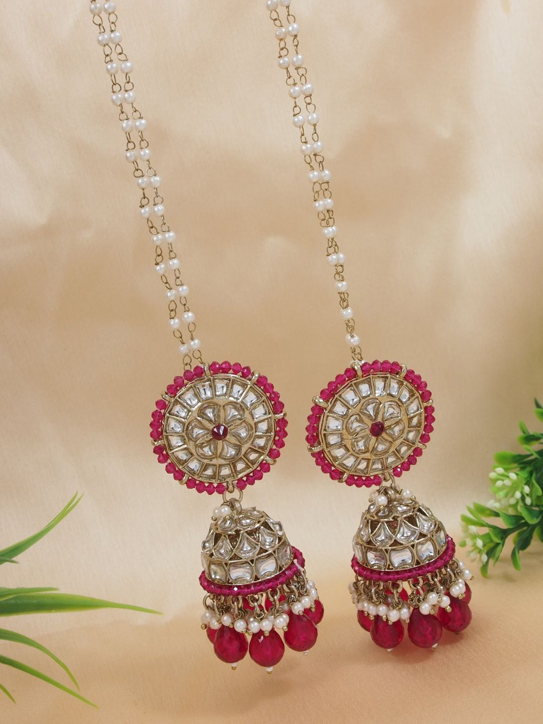 

I Jewels Gold-Plated Kundan Studded & Pearls Dome Shaped Jhumkas With Attachable Ear Chain