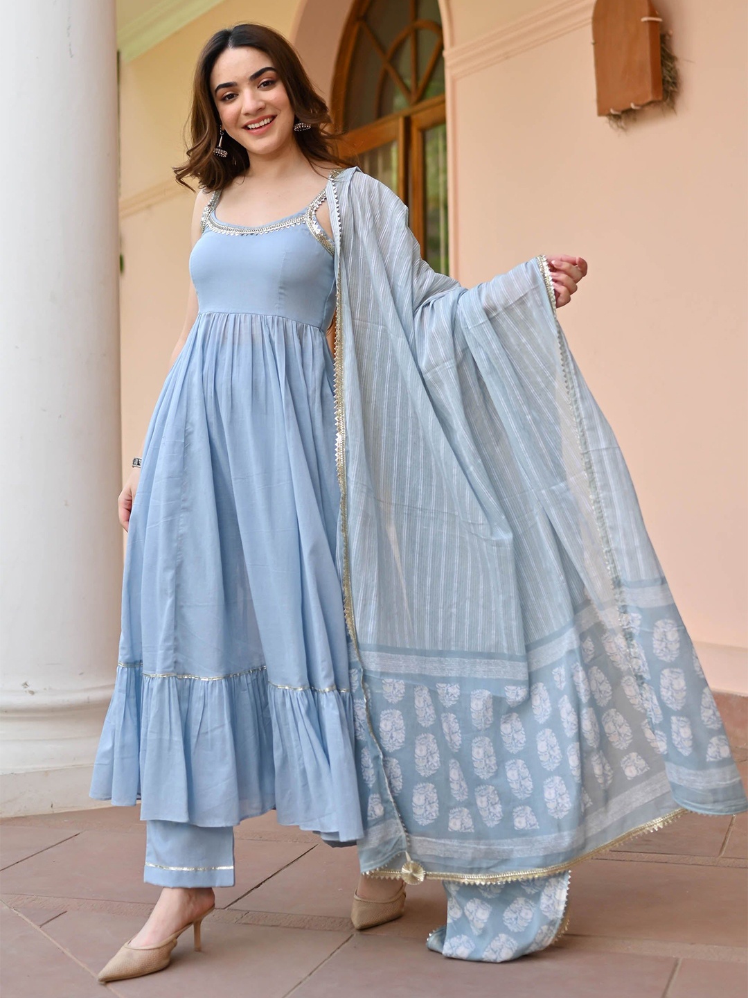 

Bunaai Shoulder Straps Gotta Patti Anarkali Kurta with Pyjamas & With Dupatta, Blue