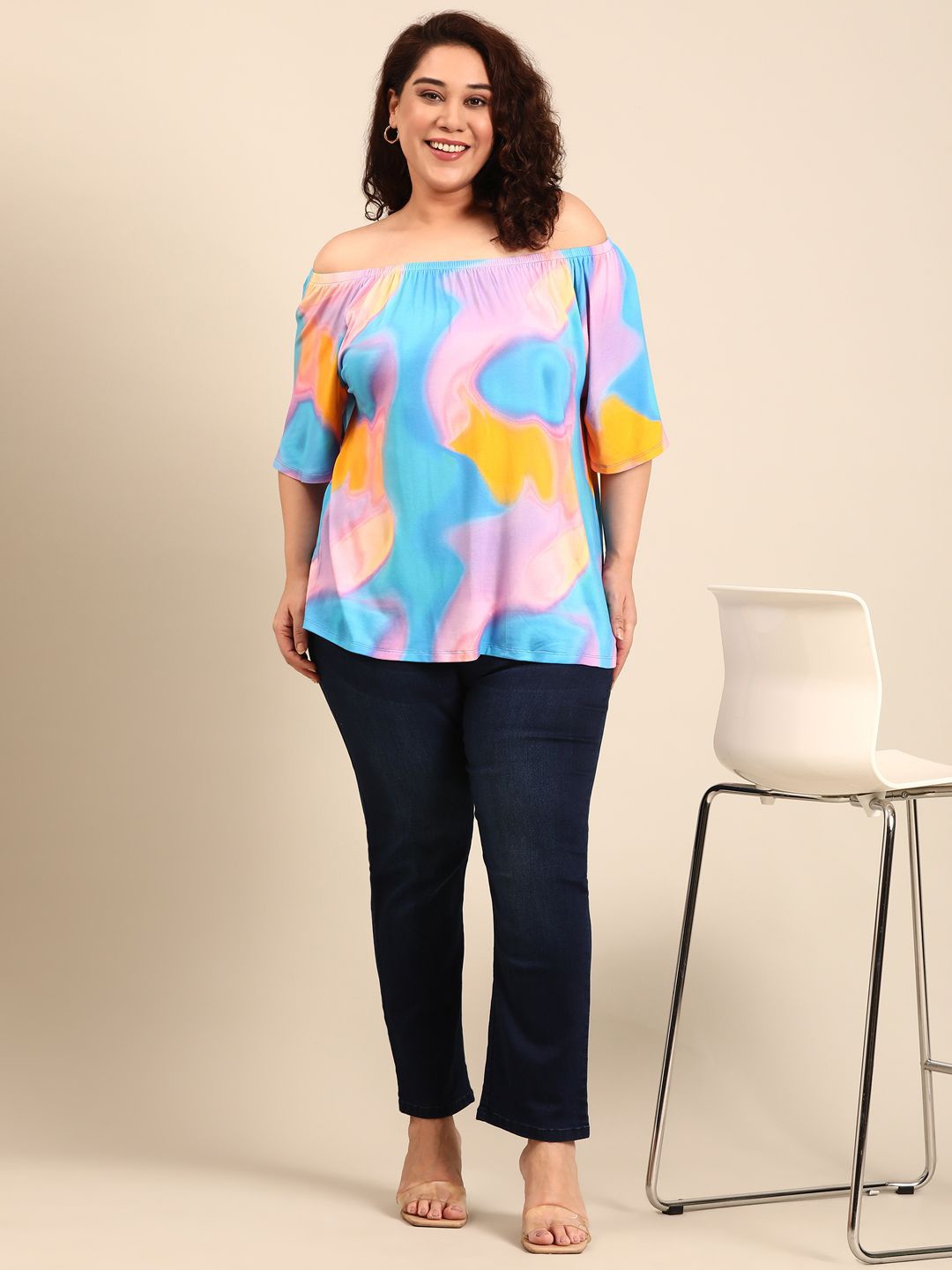 

The Pink Moon Women Plus Size Tie and Dye Print Off-Shoulder Top, Blue