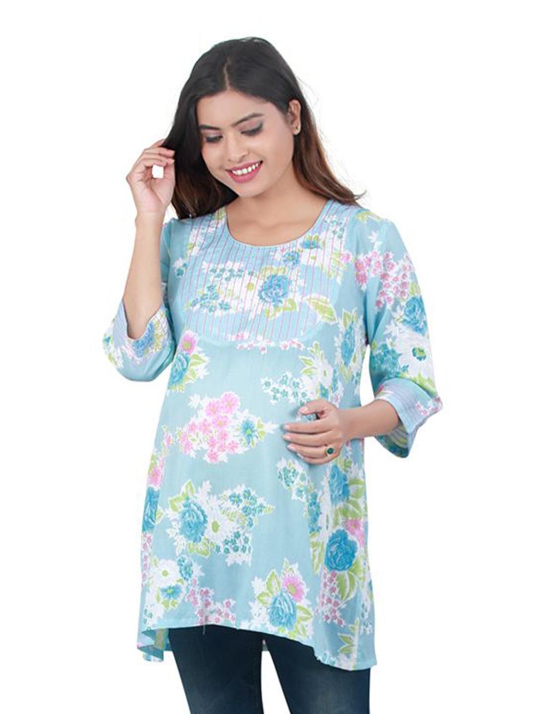 

Uzazi Women Pure Cotton Round Neck Three-Quarter Sleeves Floral Print Top, Blue
