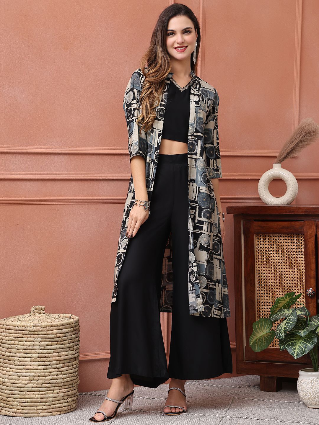 

Claura V-Neck Chanderi Silk Top & Trouser With Shrug, Black