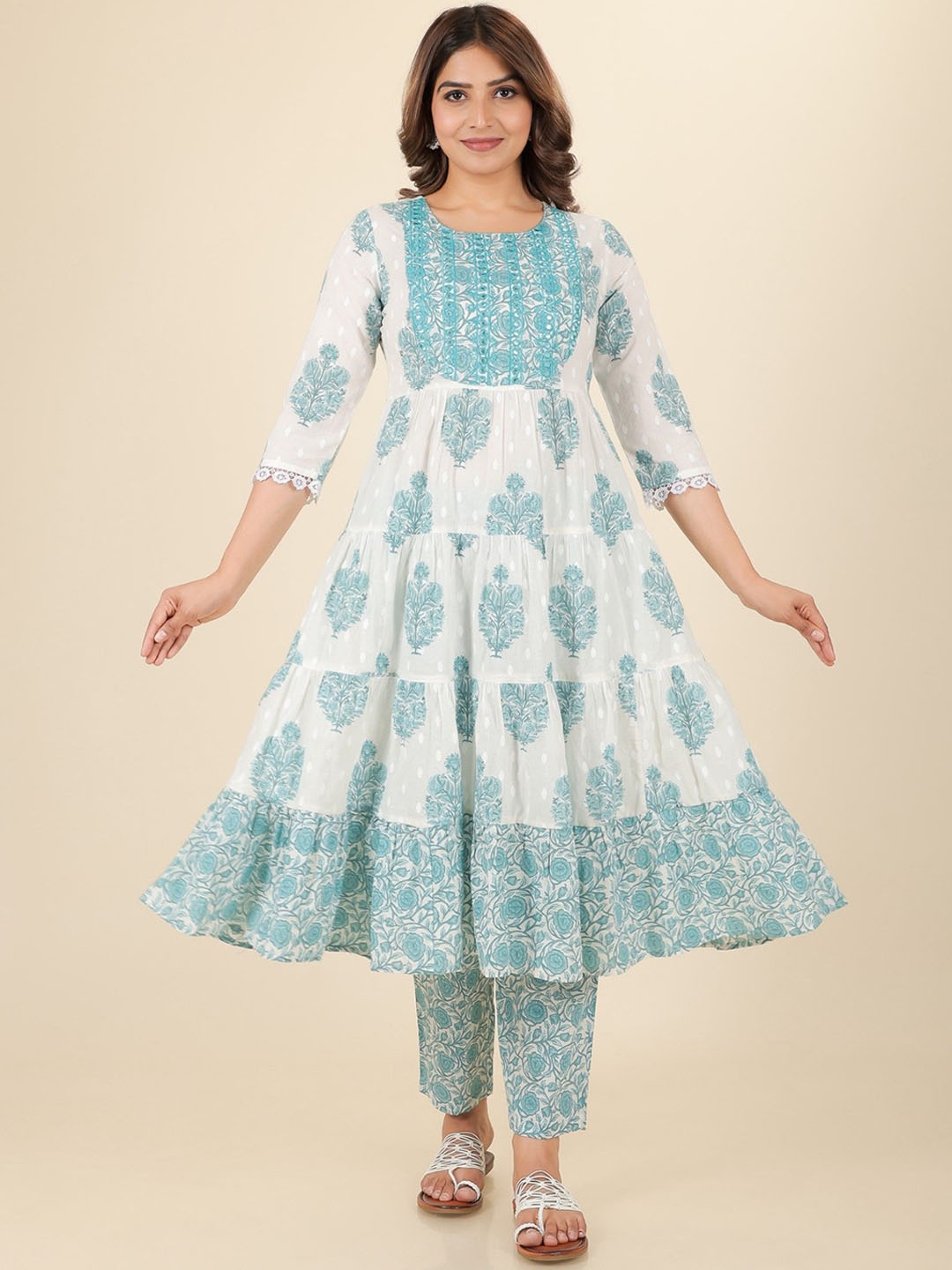 

Aramya Ethnic Motifs Printed Mirror Work Tiered Pure Cotton Anarkali Kurta with Trouser, White