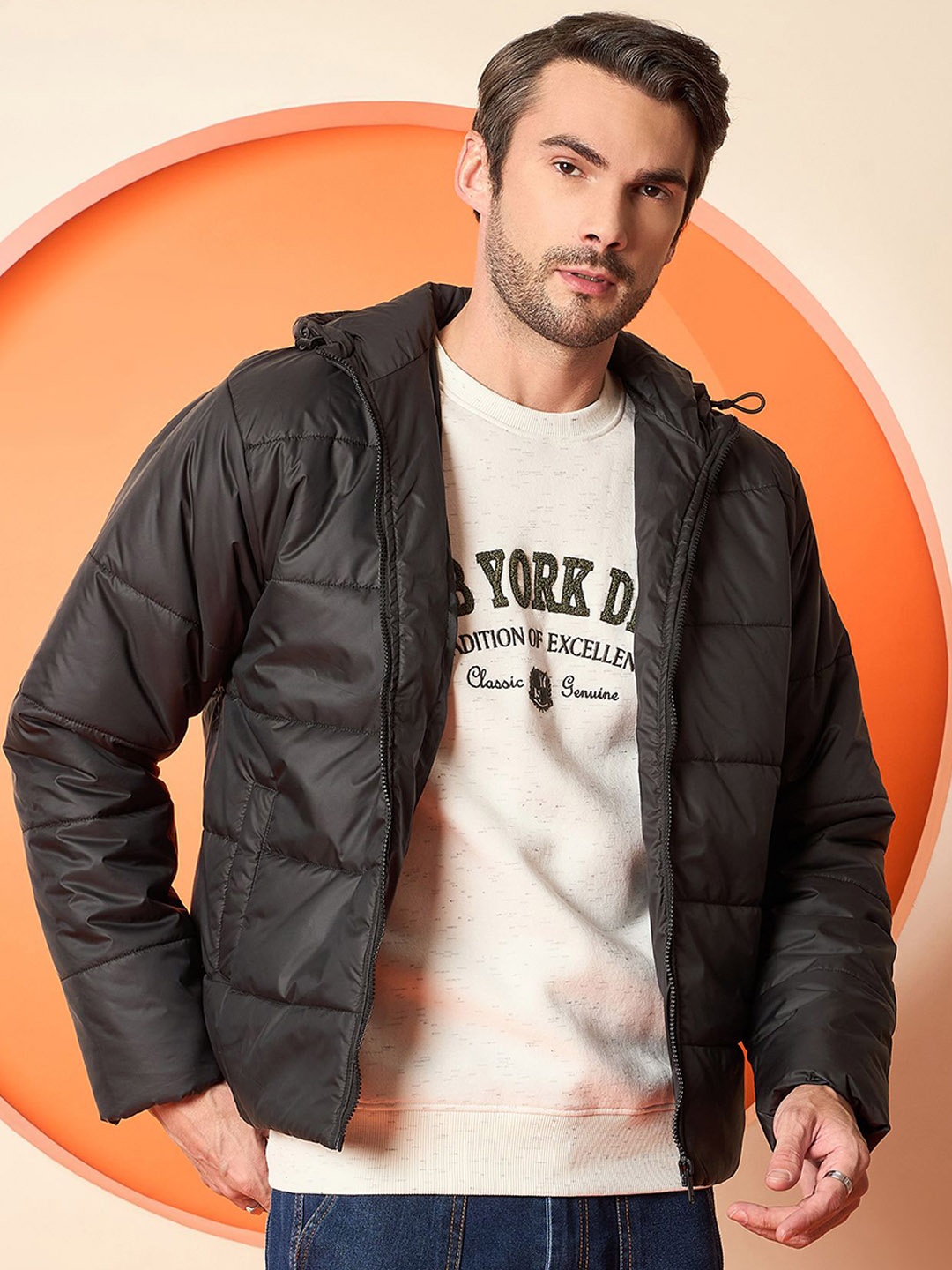 

Club York Men Hooded Solid Casual Padded Jacket, Black