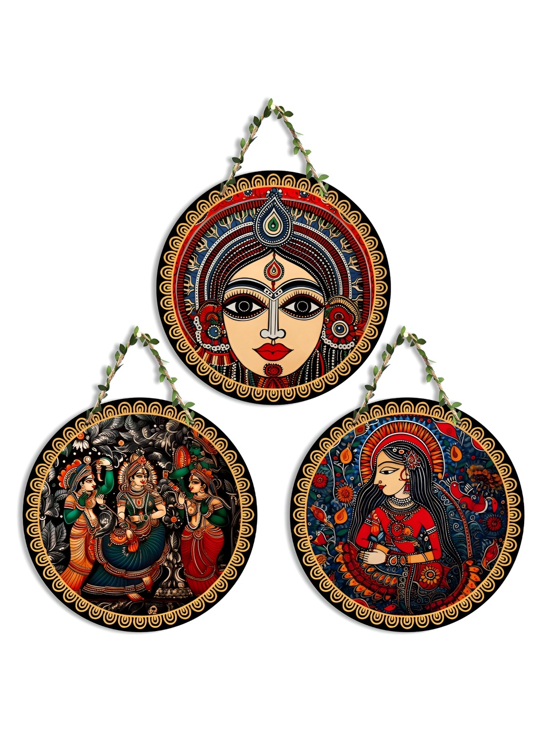 

SEHAZ ARTWORKS Brown & Red 3 Pieces Printed Wooden Wall Hangings