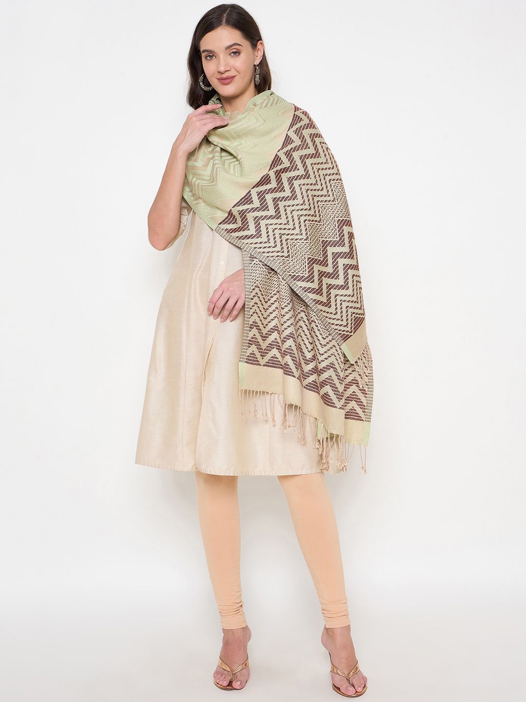 

Zigo Chevron Woven Design Woollen Shawl, Green