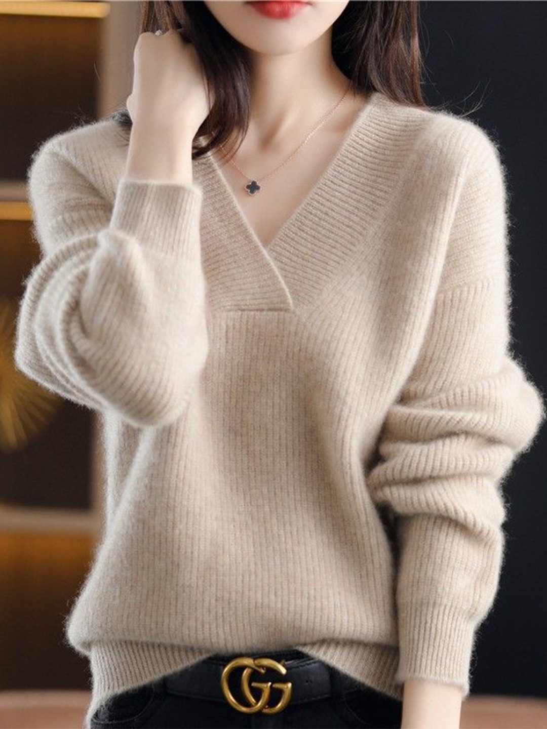 

StyleCast Women V-Neck Pullover Sweater, Beige