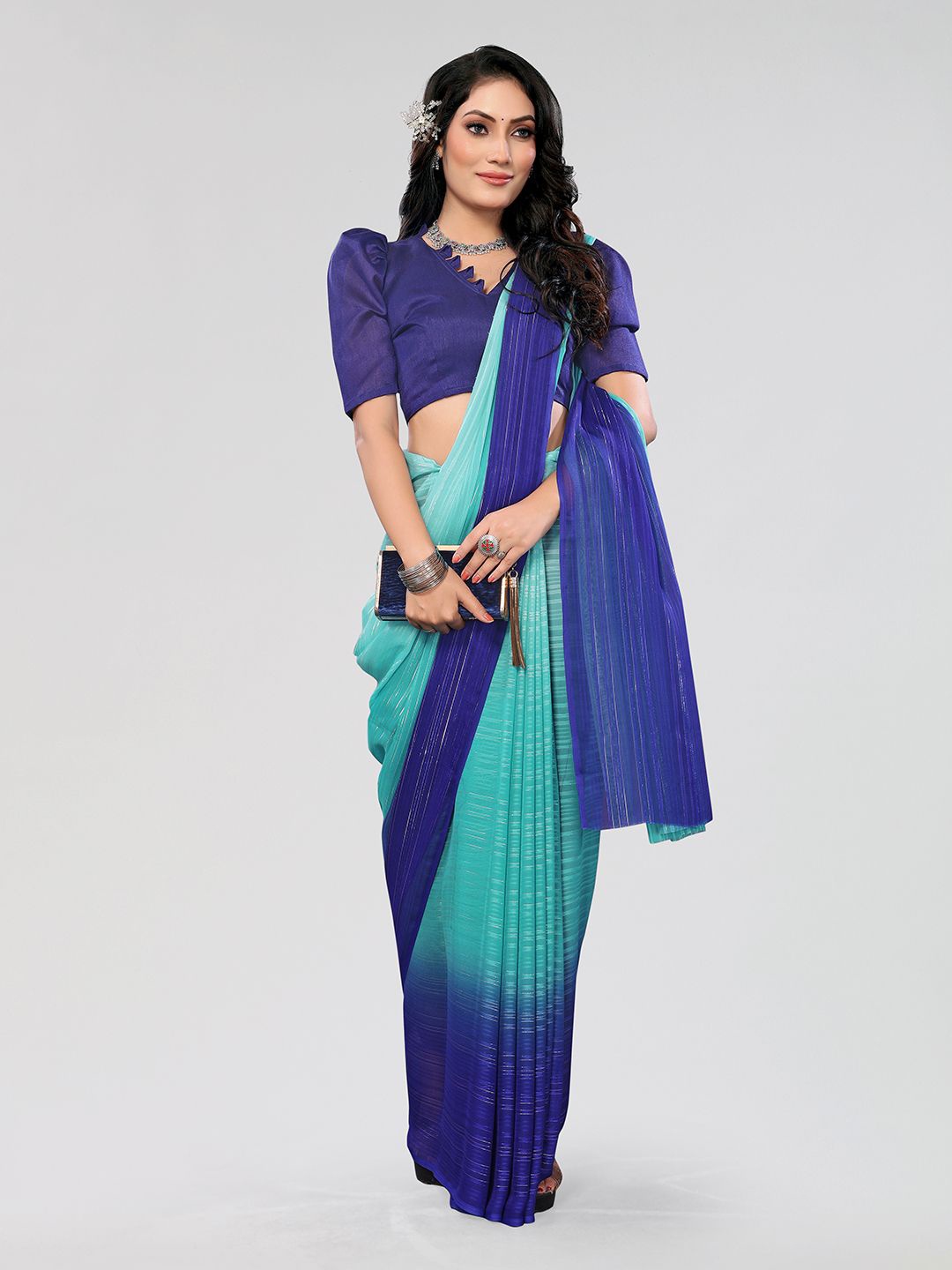 

Moda Rapido Striped Satin Saree, Blue