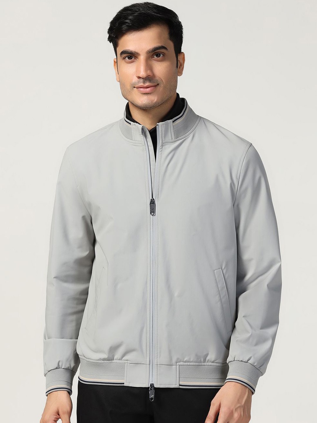 

Blackberrys Men Mock Collar Solid Casual Bomber Jacket, Grey