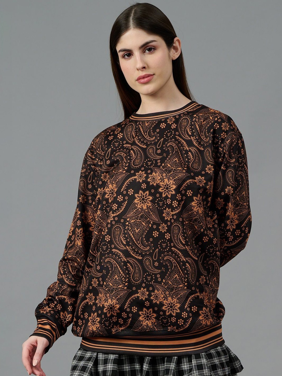 

GO DEVIL Women Ethnic Motifs Printed Woollen Oversized Round Neck Long Sleeves Sweatshirt, Yellow