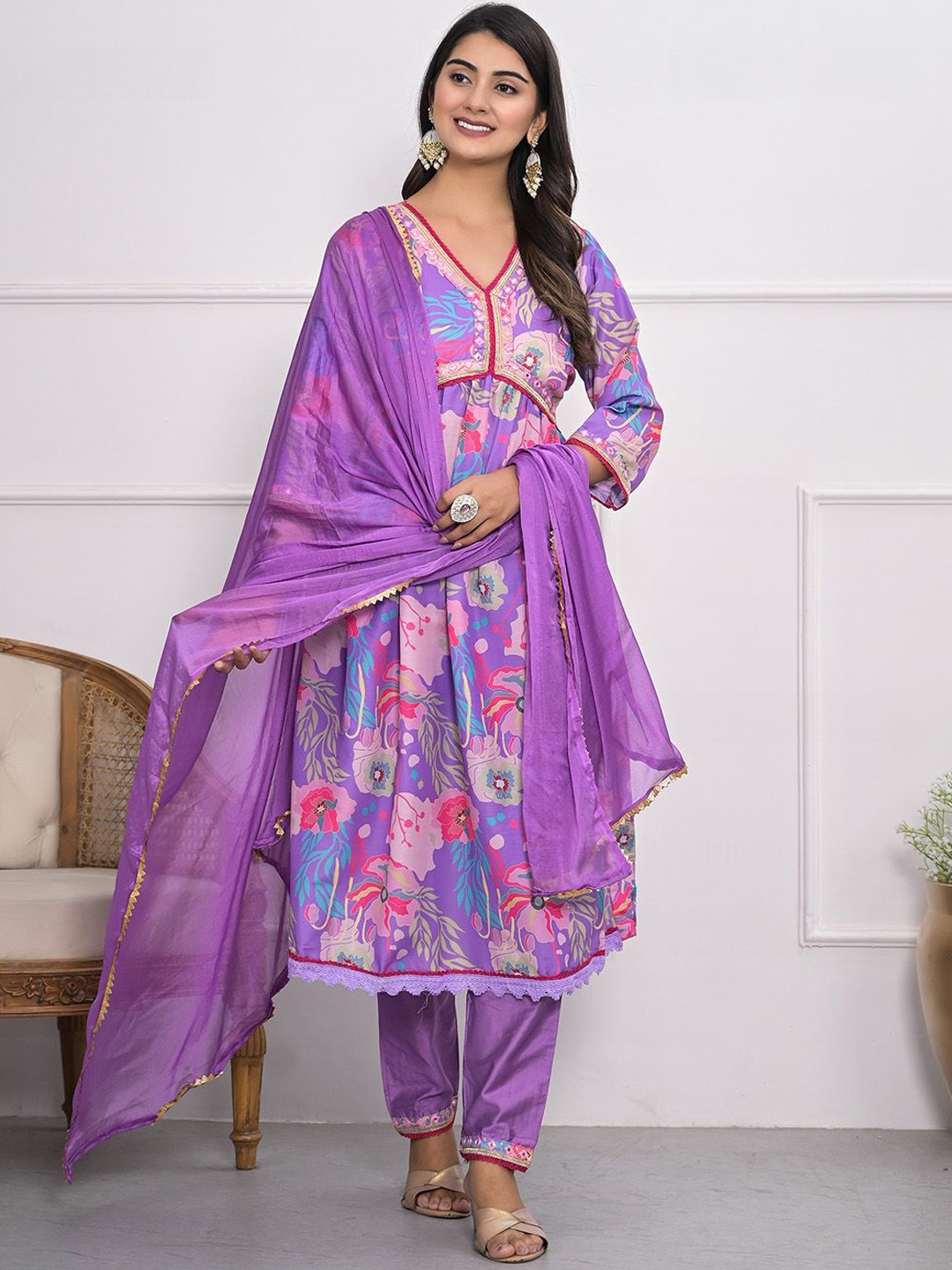 

Ishin V-Neck Floral Printed Empire Mirror Work Kurta with Trouser & Dupatta, Lavender