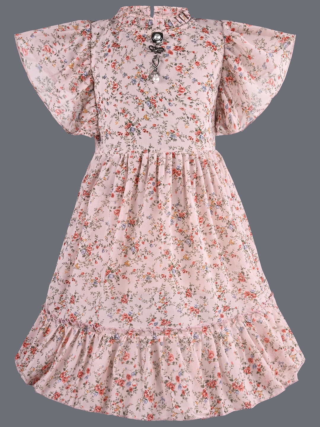 

Wish Karo Girls Floral Printed Flutter Sleeve Fit & Flare Dress, Peach