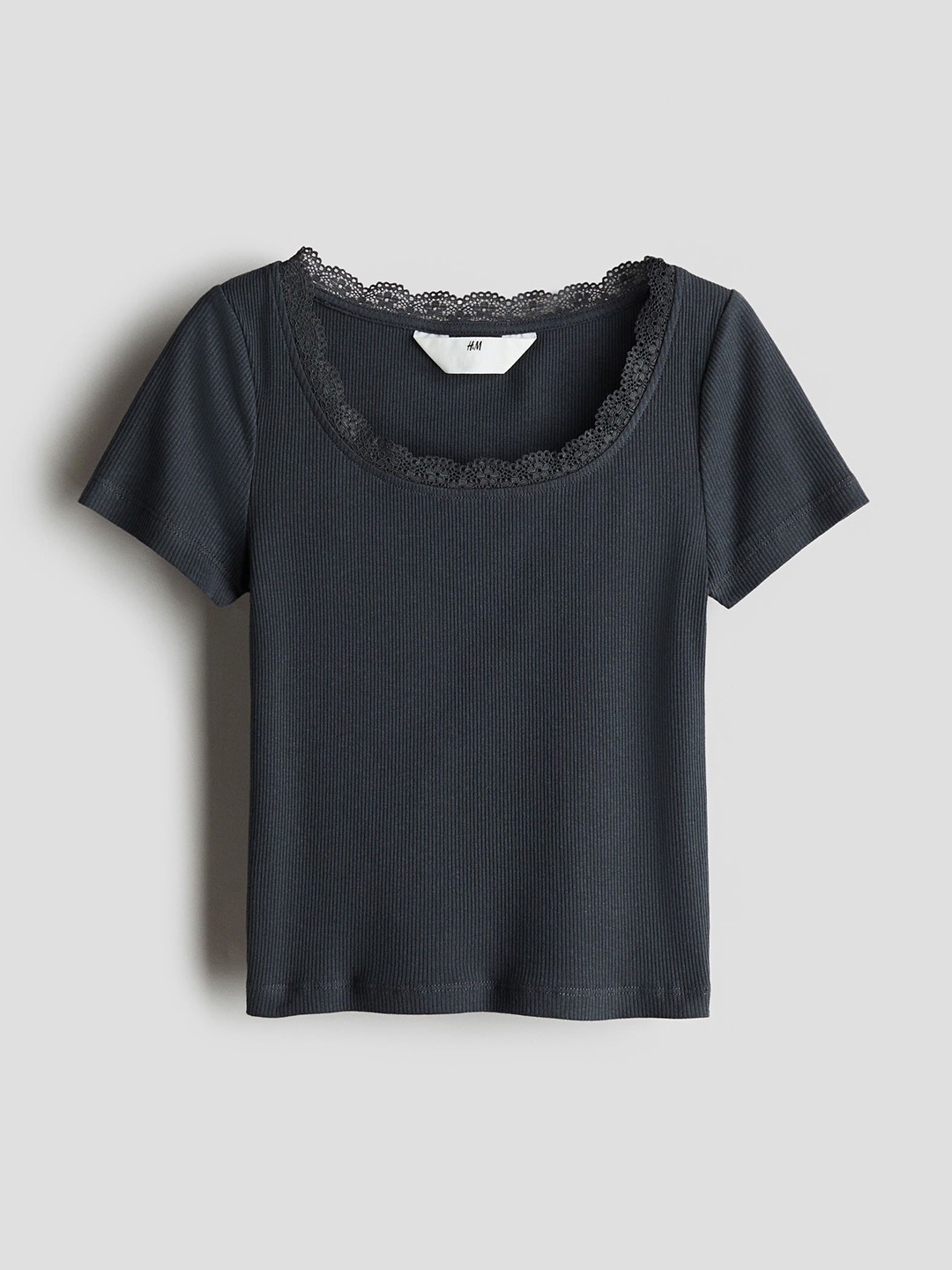 

H&M Girls Lace-Trimmed Cotton Tops, Grey